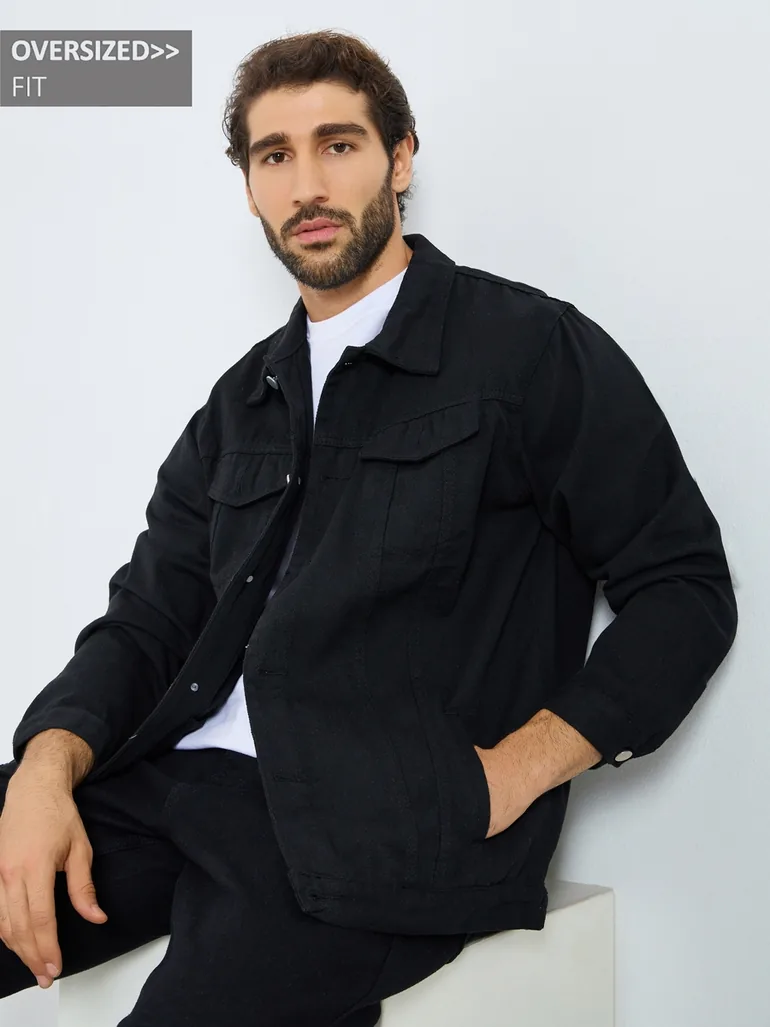Men Black Oversized Denim Jacket with Flap Pocket