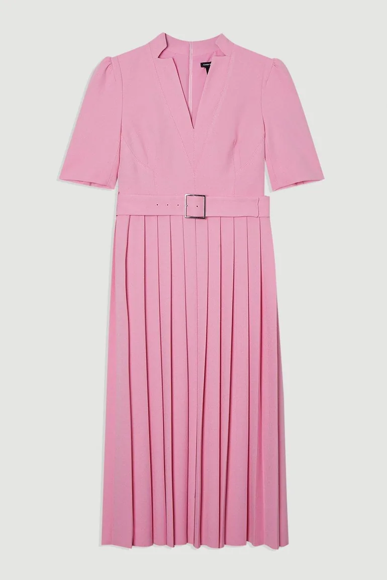 Tailored Structured Crepe Forever Pleat Belted Midi Dress - 2