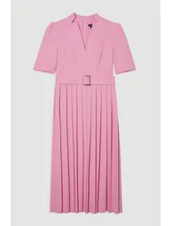 Tailored Structured Crepe Forever Pleat Belted Midi Dress - 2