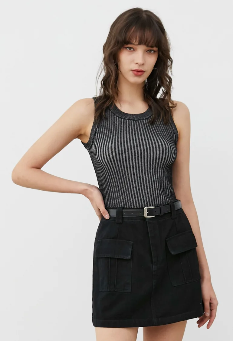 Flap Pocket Denim Mini Skirt with Belt in Black - 2