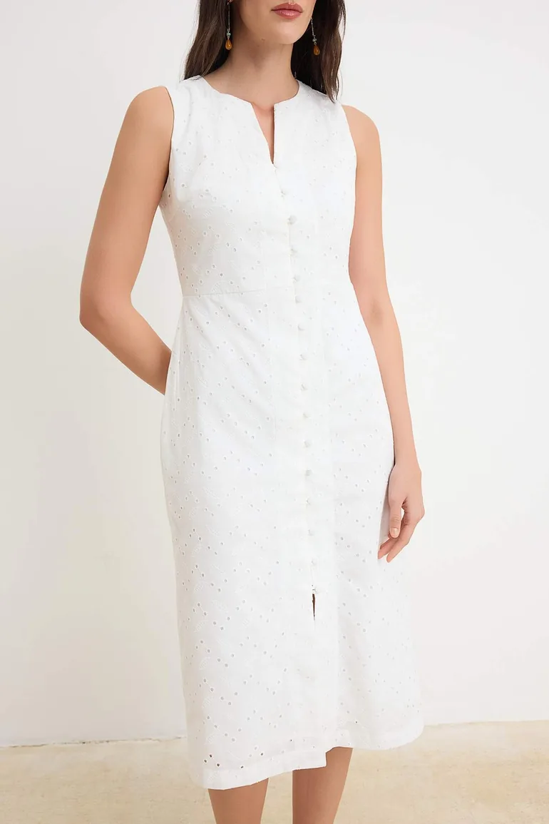 Ecru Embroidered Button Detailed Midi Woven Dress - 2