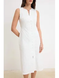 Ecru Embroidered Button Detailed Midi Woven Dress - 2