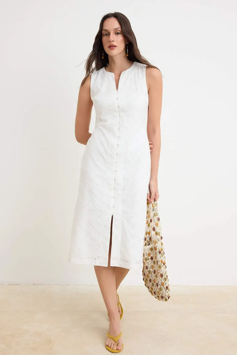 Ecru Embroidered Button Detailed Midi Woven Dress