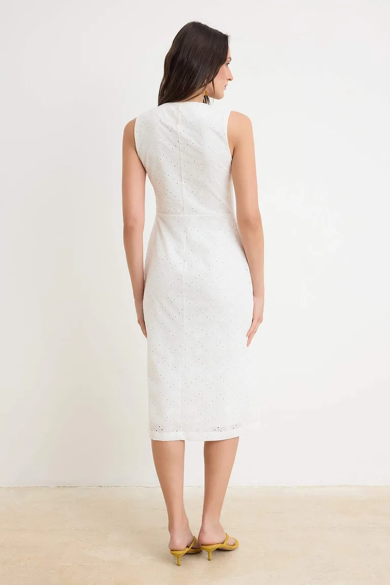 Ecru Embroidered Button Detailed Midi Woven Dress - 3