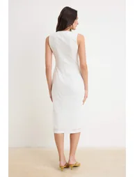 Ecru Embroidered Button Detailed Midi Woven Dress - 3