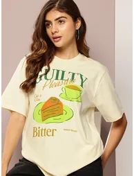 Cream Short Sleeve Printed Oversized T-Shirt - 1