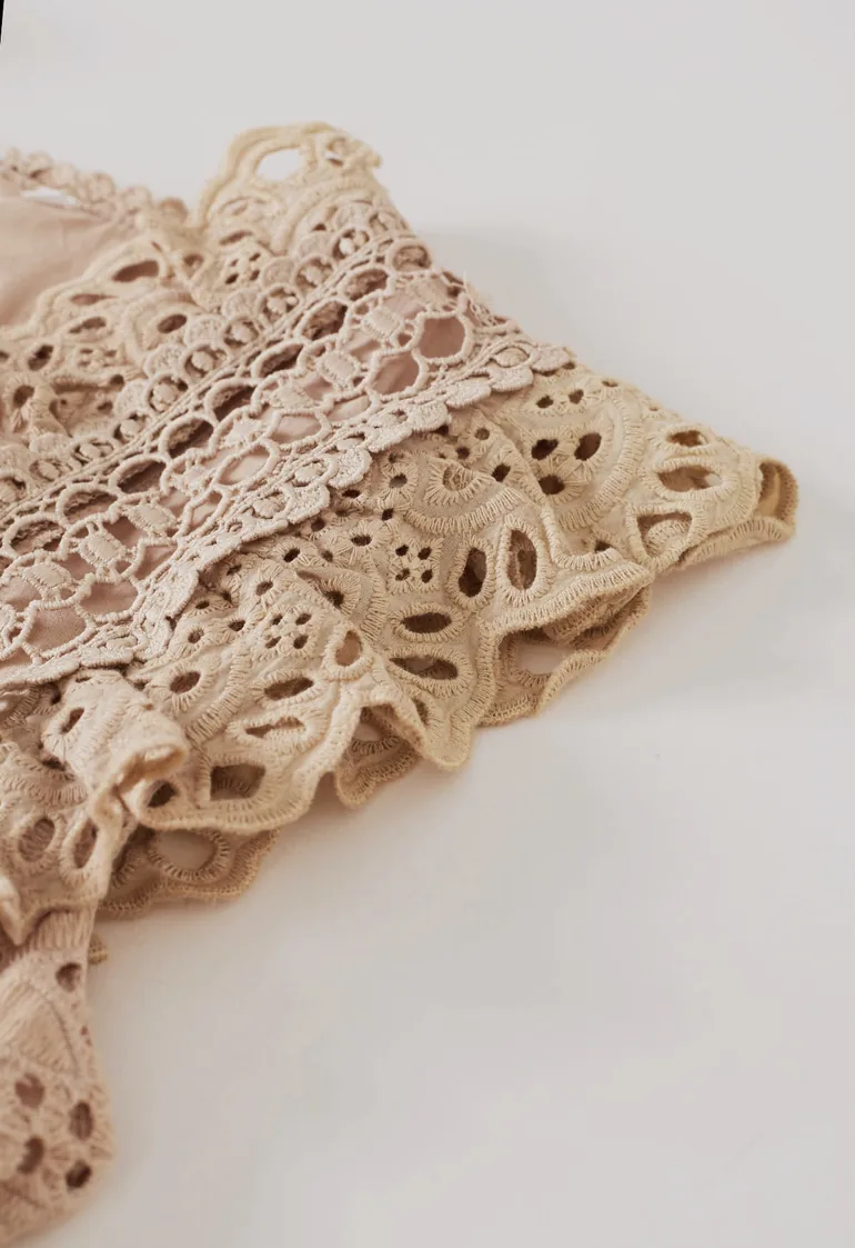 طقم تنورة ماكسي و بلوزة قصيرة بحر مخرمة بكشكش بلا أكمام - برتقالي - 7