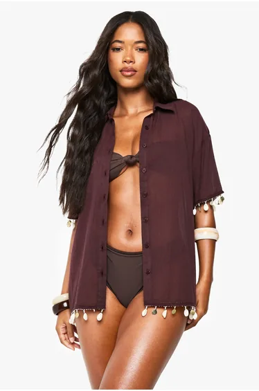 Shell Embellished Beach Shirts - chocolate