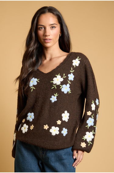 Floral Embroidered V Neck Knitted Jumper product thumbnail 2