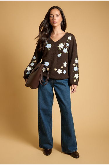 Floral Embroidered V Neck Knitted Jumper