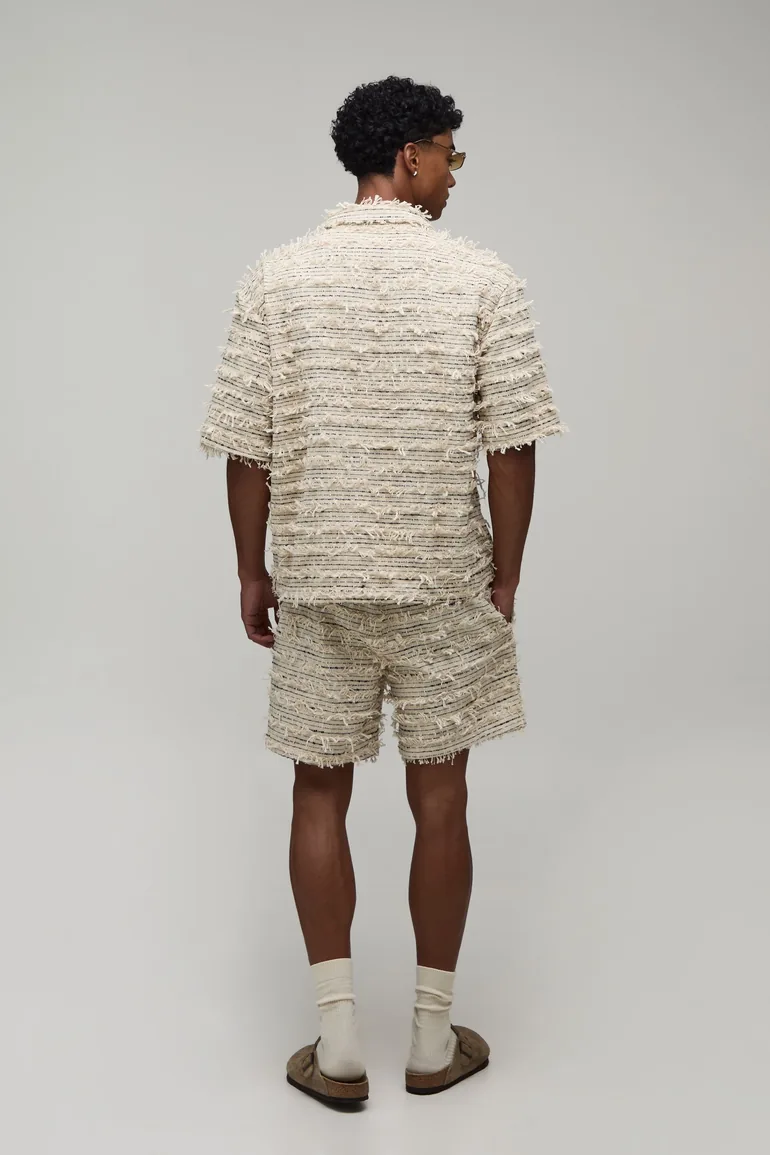 Textured Cotton Deep V Neck Oversized Shirt & Relaxed Short Set - natural - 3