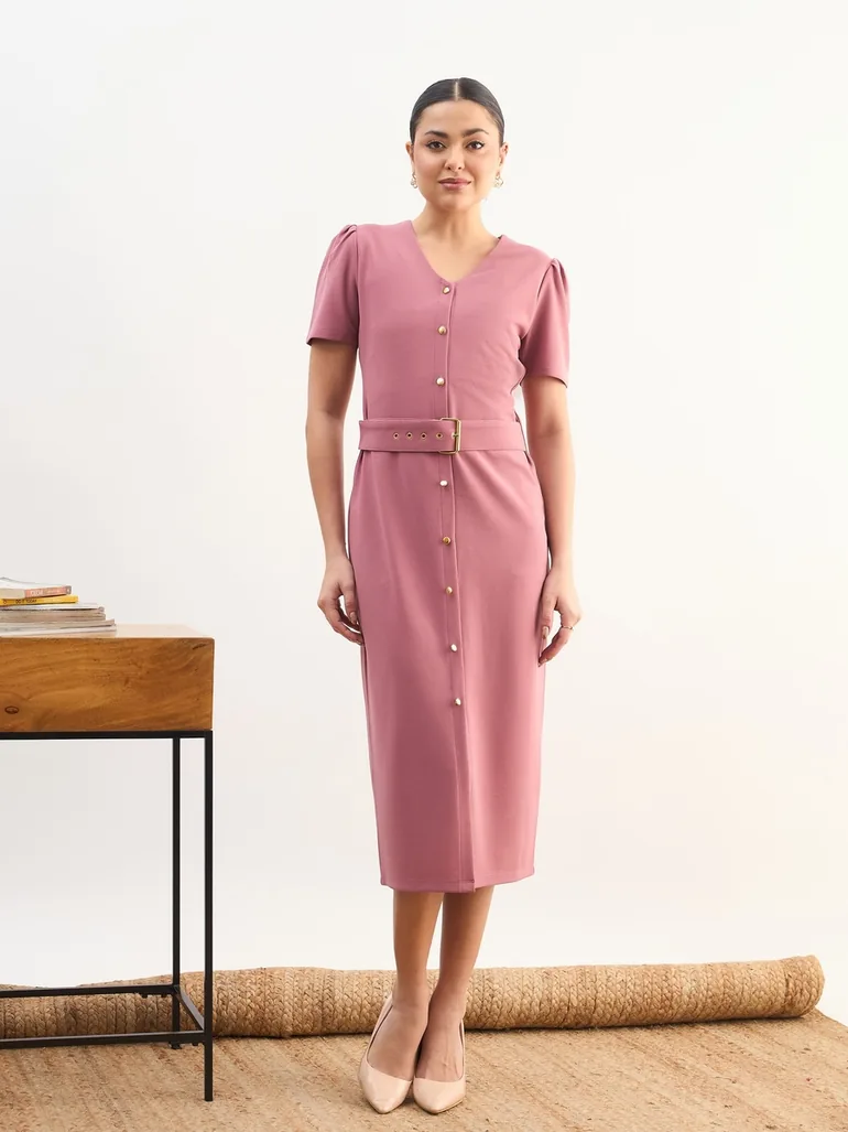 Pink V-Neck Buttoned Belted Midi Dress - 5