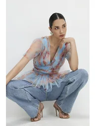 Blue Short Sleeve Tulle Top - 3