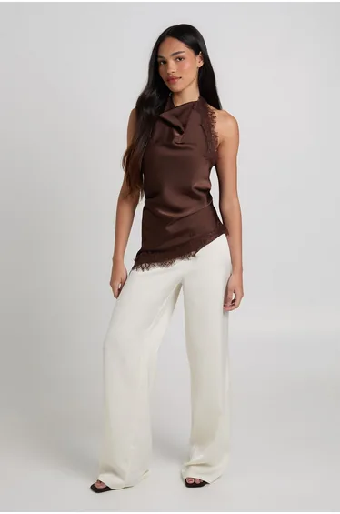 Satin Pleat Front Wide Leg Trouser - ivory