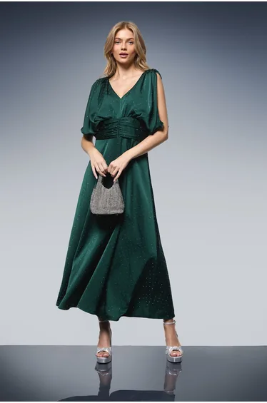 Hotfix Detail Ruched Bodice V Neck Midi Dress