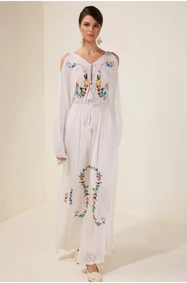Embroidered Floral Tie-Up Midi Dress