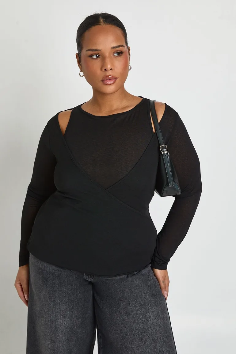 Plus 2 in 1 Layered Racer Neck Wrap Top - black