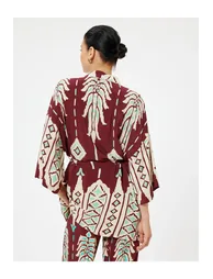 X Melis Ağazat - Viscose Long Kimono Wide Sleeves with Sash Detail Floral Ethnic Pattern - 3