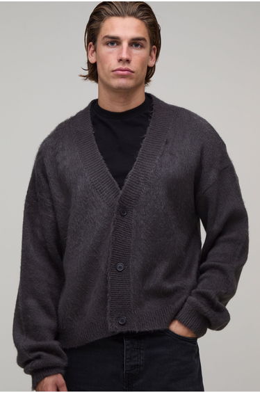 Relaxed Boxy Brushed Knitted Cardigan - charcoal