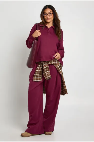 Maternity Collared Button Down Sweatshirt & Wide Leg Co Ord - burgundy