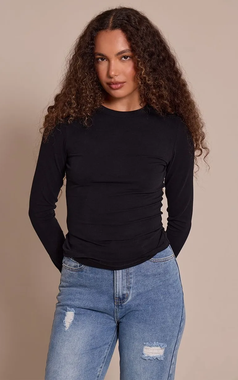 Tall Black Soft Cotton Crew Neck Longline Long Sleeve Top - 5