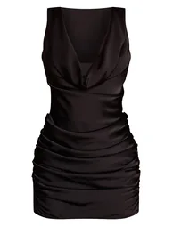 فستان قصير ساتان بثنيات بياقة منسدلة - أسود - 4