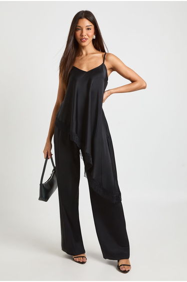 Lace Trim Satin Cami & Trouser Co Ord - black