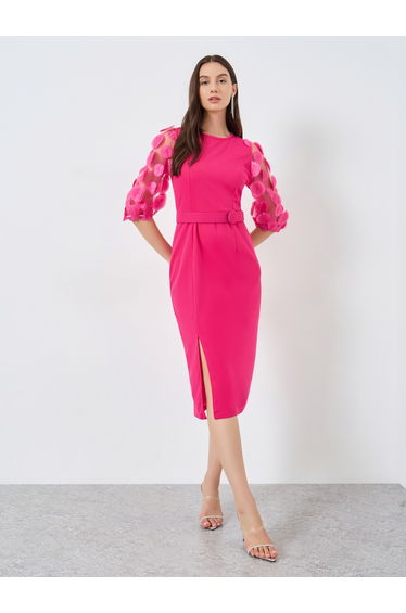 Dark Pink Midi Bodycon Dress with 3/4 Sleeves