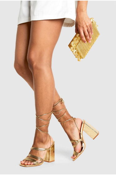 Metallic Multi Strap Tie Leg Block Heels