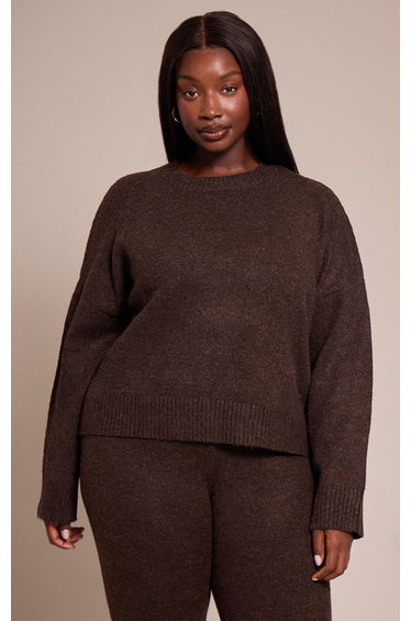 Plus Chocolate Marl Knitted Cropped Crew Neck Jumper
