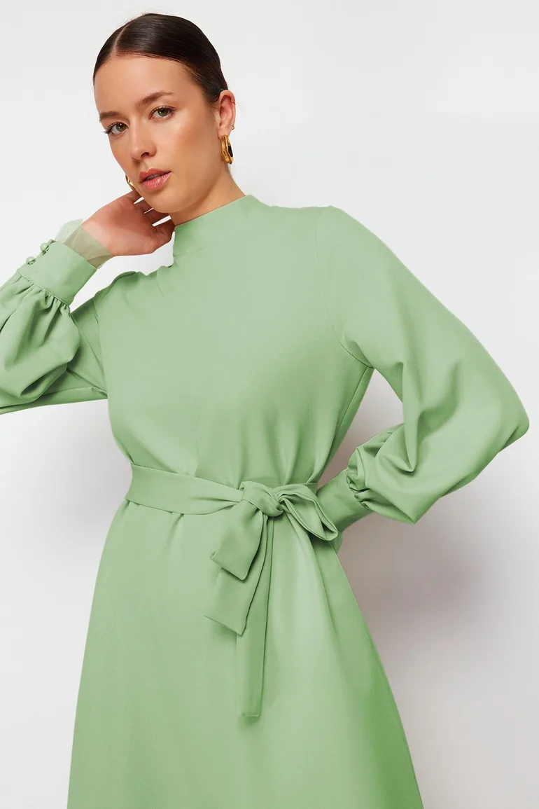 Khaki Stand Collar Belt Detailed Woven Dress - 1