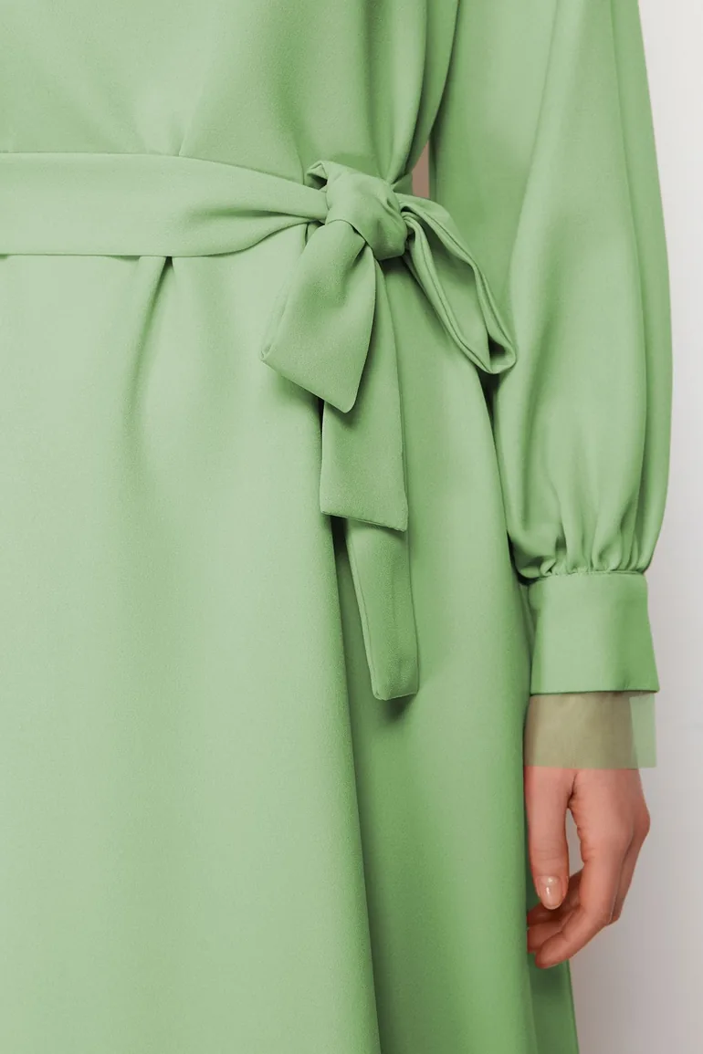 Khaki Stand Collar Belt Detailed Woven Dress - 2