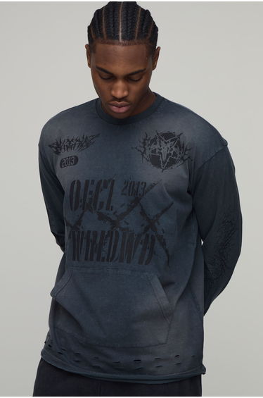 Oversized Heavyweight Washed Distressed Long Sleeve T-Shirt - charcoal