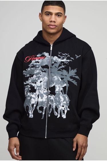 Oversized Horse Print Zip Through Hoodie - black