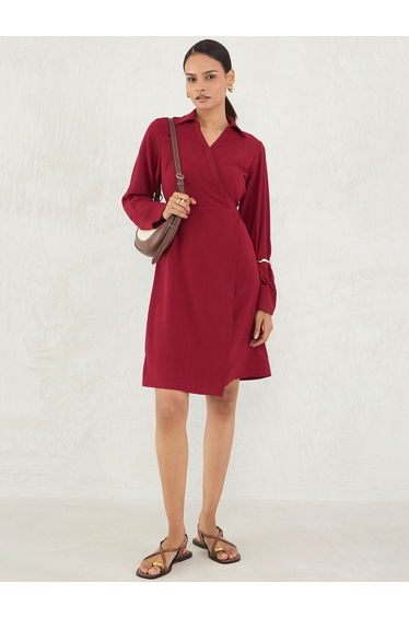Red Solid Wrap Look A-Line Knee Length Dress