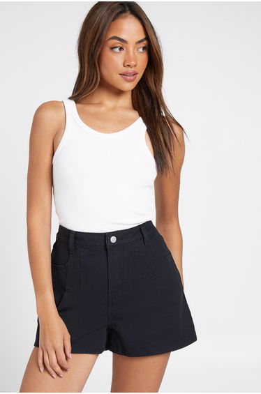 High Waist Pleated Denim Short - black