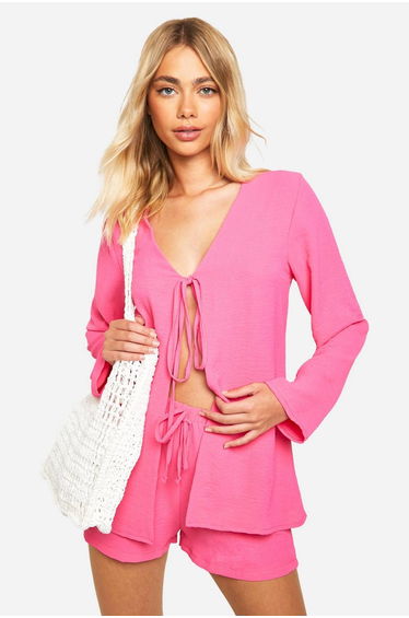 Hammered Tie Front Blouse & Relaxed Fit Shorts - candy pink