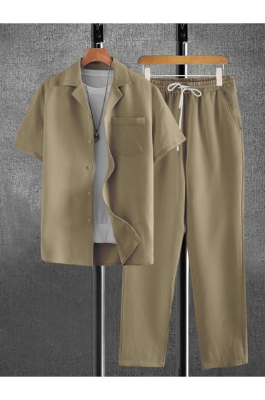 Men Beige Linen Look Shirt and Trousers Co-Ords