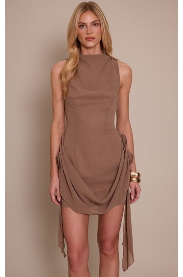 Mocha Chiffon Boat Neck Drape Detail Mini Dress
