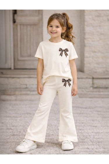 Girls Beige Bow T-Shirt and Flare Pants Set