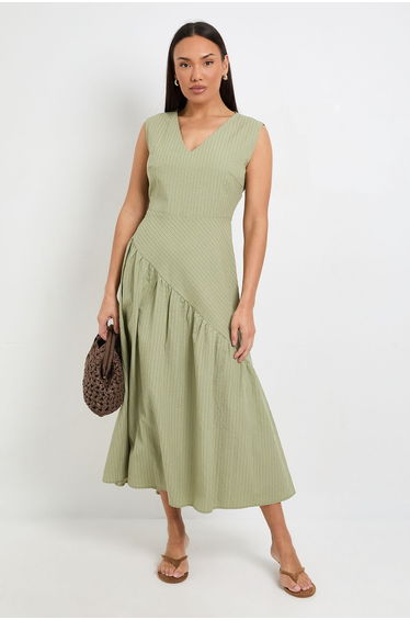 Stripe V Neck Asymmetric Seam Dress