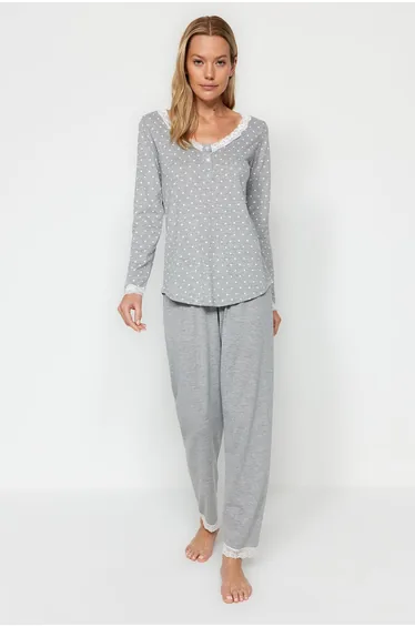 Gray Cotton Polka Dot Lace Detailed Tshirt-Pants Knitted Pajamas Set