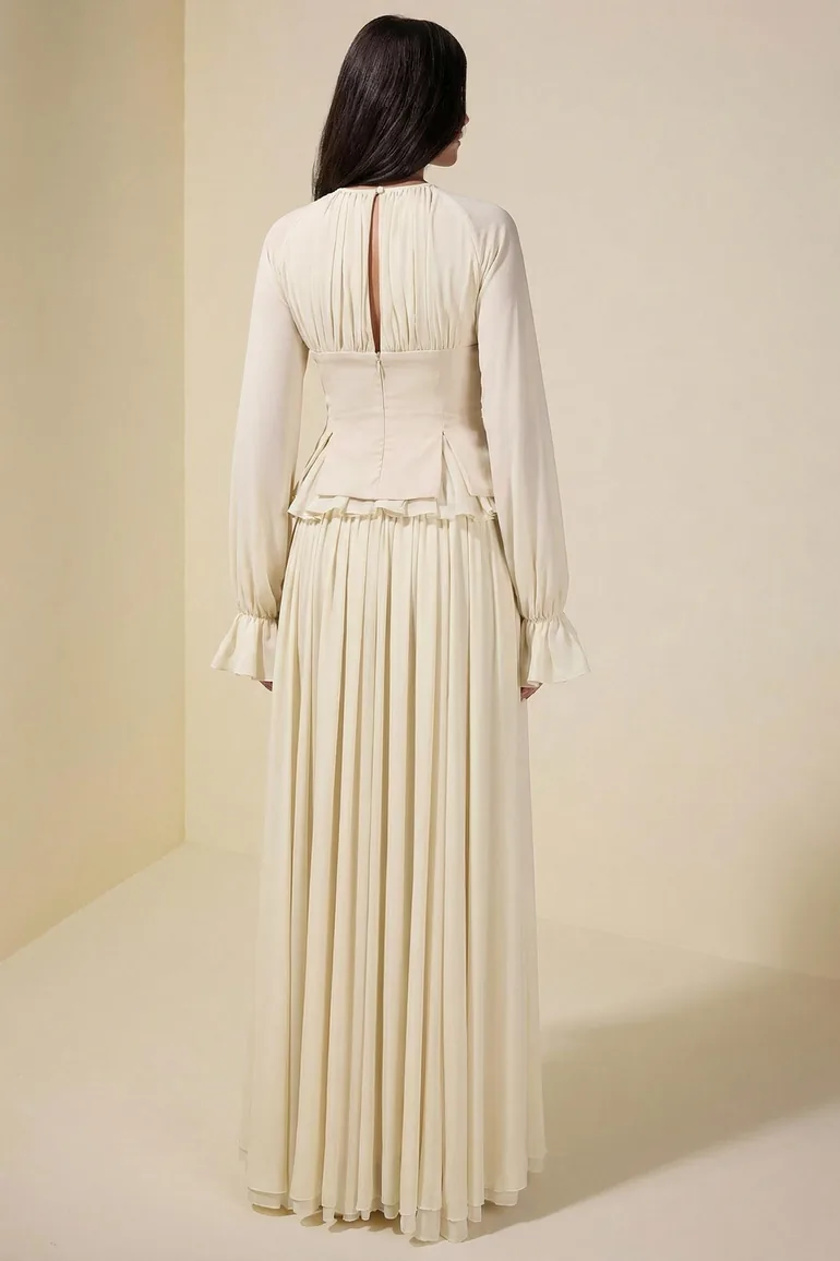 فستان جاردان فو بلون كريمي بأكمام طويلة - 1