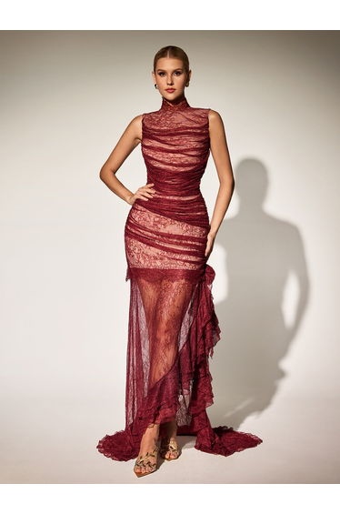 Kaldris High Neck Lace Ruffle Maxi Dress