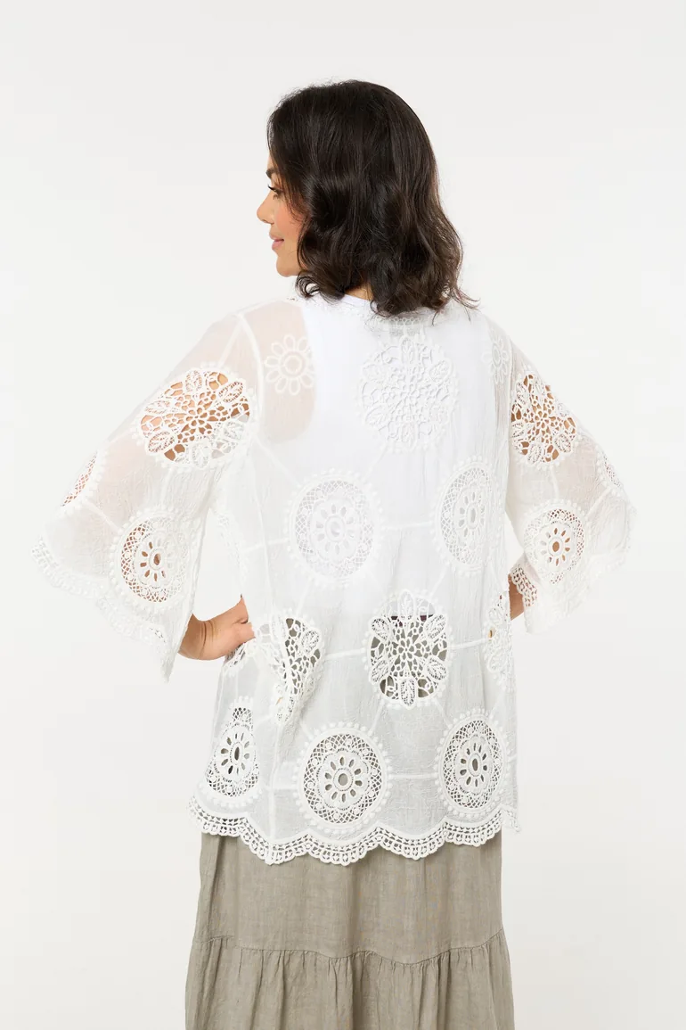 White Lace Crochet Tie Front Kimono - 5