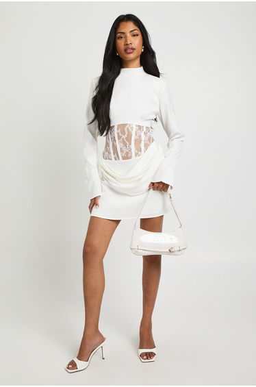 Lace Corset Structured Mini Dress - ivory