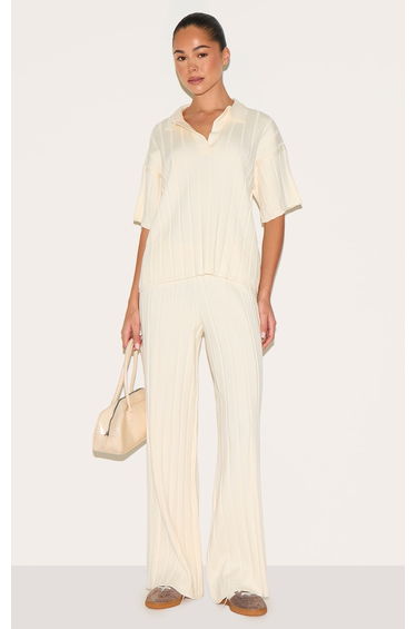 Cream Rib Knit Wide Leg Trousers