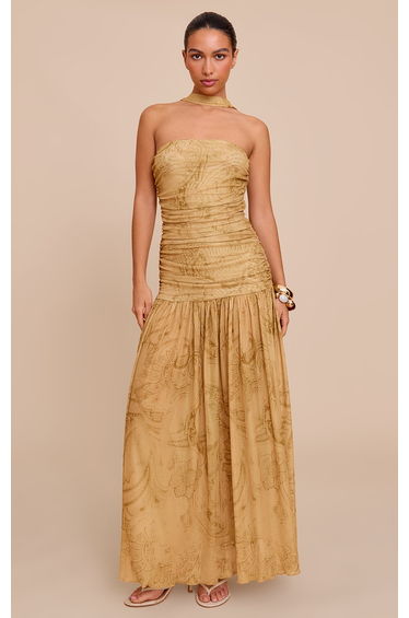 Stone Paisley Print Ruched Scarf Dropped Waist Maxi Dress