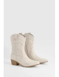 Embroidered Western Ankle Cowboy Boots - light beige