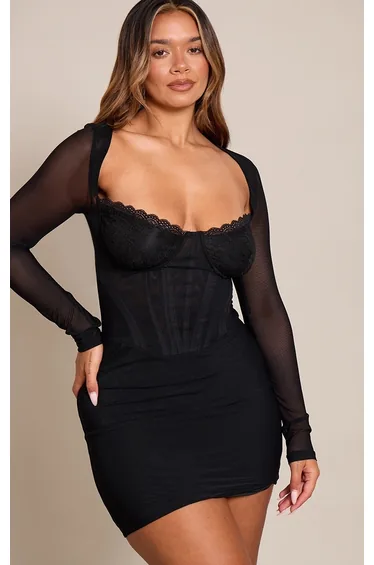 Shape Black Mesh Lace Insert Corseted Mini Dress